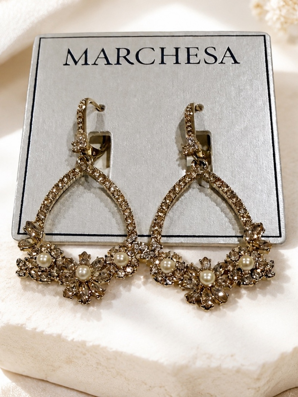 Marchesa limited rare Gold Pearl Floral dangle Drop Earrings flower formal gift